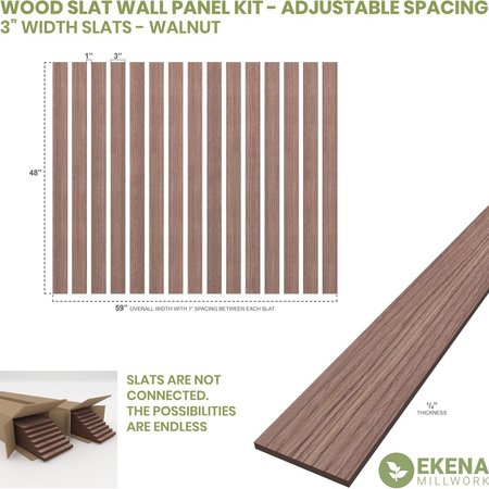 Ekena Millwork 48H x 1/4T Adjustable Wood Slat Wall Panel Kit w/ 3W Slats, Walnut contains 15 Slats SWW60X48X0250WA